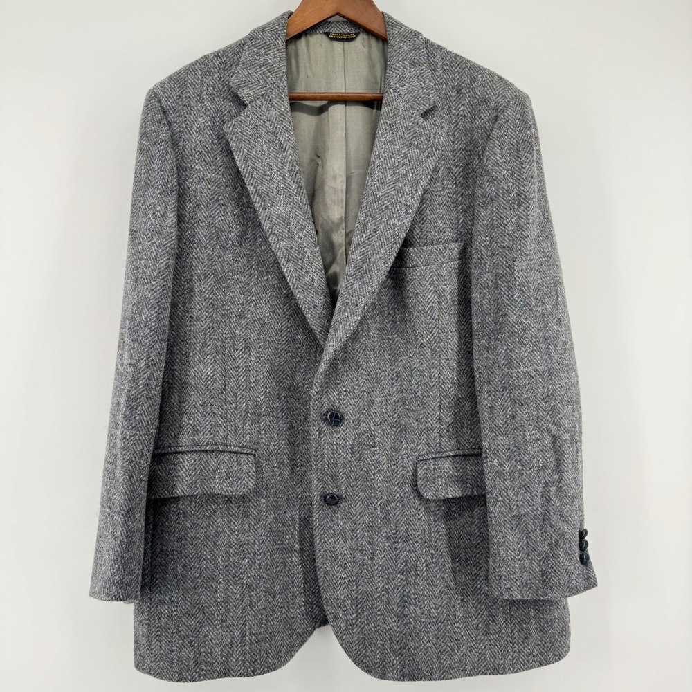 Harris Tweed Blazer Mens 42S? Grey Herringbone Wool Jacket Scotland Vintage